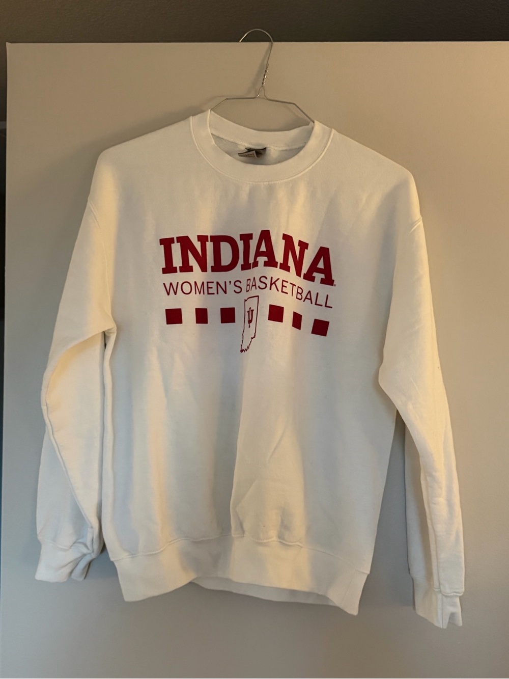 Gildan White Crewneck Sweatshirt with Red Indiana Women's Basketball Logo